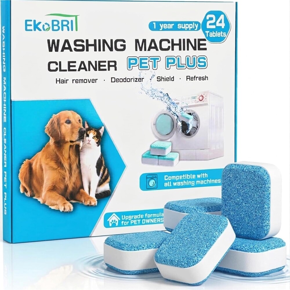 Upgraded Enzyme-Containing Washing Machine Cleaning Tablets for Pet Hair, Deep Cleaning, Suitable for Top-loading and Front-loading Washing Machines, 24 Tablets – Enough for 12 Months of Use