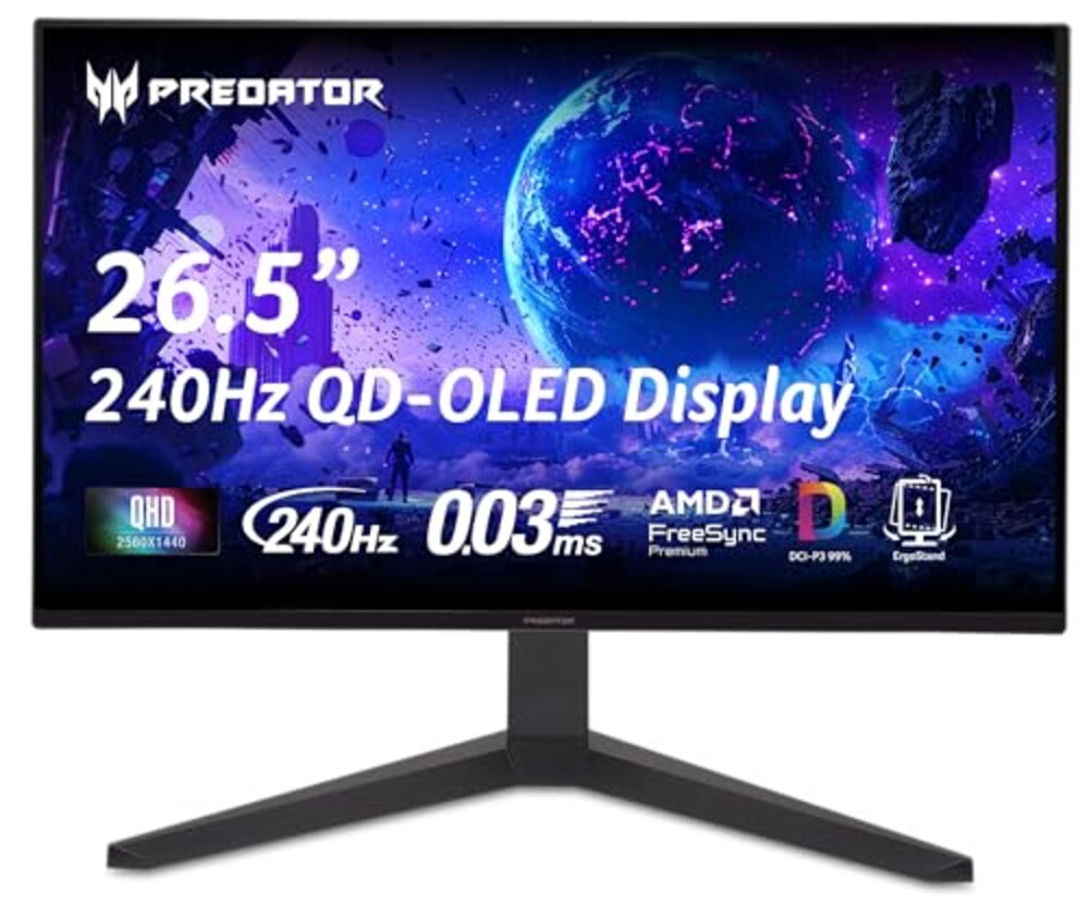 Acer Predator Gaming Monitor | 26.5" WQHD 2560 x 1440 OLED | AMD FreeSync Premium | 240Hz | 0.03ms | Tilt, Height Adjustment, Pivot & Swivel | DCI-P3 99% | 2 x DP 1.4 & 2 x HDMI 2.1 | X27U W1bmiipprx