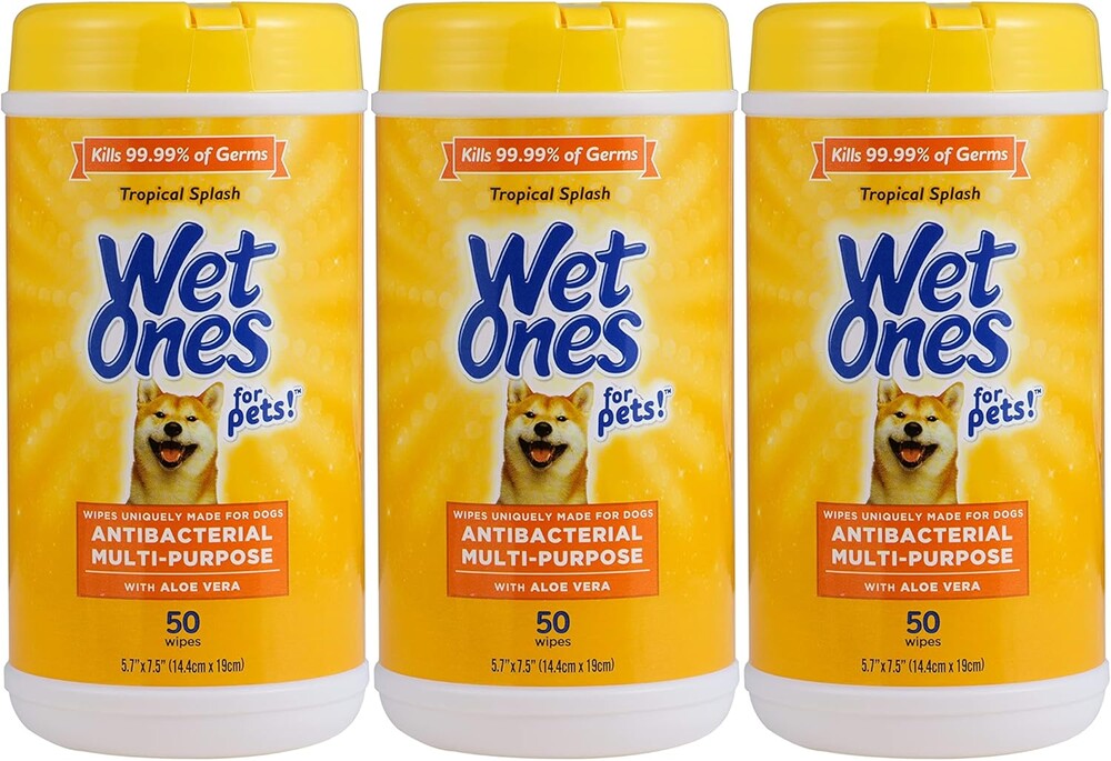 Wet Ones for Pets Antibacterial Dog Wipes, Multi-Purpose Grooming Wipes with Aloe Vera for Paws, Face & Body, Easy Cleanups Between Baths, Tropical Splash Scent, 5.7 in x 7.5 in, 50 Count - 3 Pack