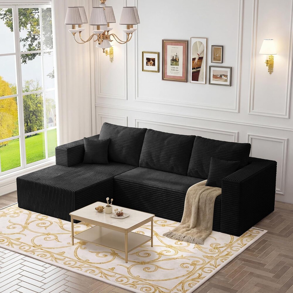 108" Modular Cloud Couch,L-Shaped Sectional Sofa with Deep Seats & Chaise,Upholstered Corduroy Boneless Couch for Living Room,No Need Assembly,Black(Left Facing Chaise)