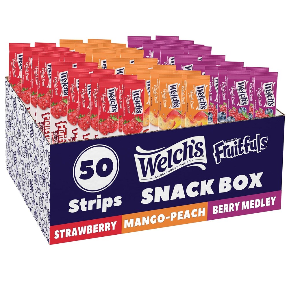 Welch's Absolute Fruitfuls Fruit Strips, Tasty Dried Fruit Snacks for School Lunches, Berry Medley,Mango Peach, Strawberry 0.5oz (Pack of 50)