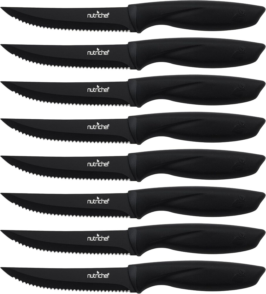 NutriChef Steak Knife Set of 8 - Premium Serrated Stainless Steel Kitchen Knife Set - Ergonomic Design, Sharp Blades, Non-Stick, & Rust-Resistant - Perfect for Home, BBQ's & Restaurants Black
