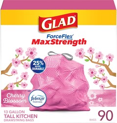 Glad ForceFlex MaxStrength Tall Kitchen Trash Bags, Rip and Tear Resistant, Cherry Blossoms Scented Pink Tall Garbage Bags, Odor Control, Febreze Freshness, 13 Gallon, 90 Count