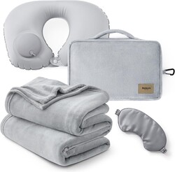 Bedsure Travel Blanket Set with Inflatable Neck Pillow and Eye Mask - Lightweight 3-in-1 Airplane Packable Blanket, Compact Travel Essentials, Grey