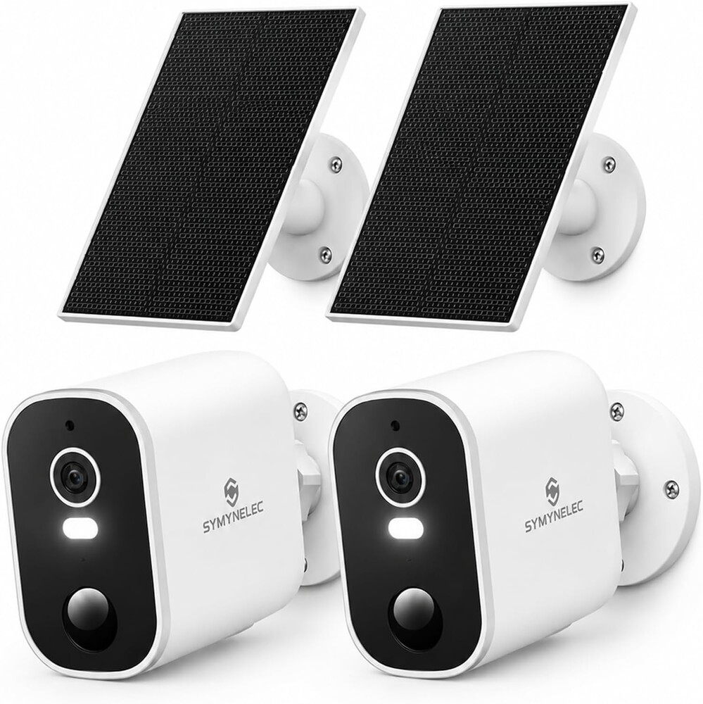 SYMYNELEC 2K Solar Security Cameras Wireless Outdoor, 2-Pack | No Monthly Fee, 100% Wire-Free, Color Night Vision, PIR Person Detection, IP65 Waterproof, Works with Alexa, 2.4GHz WiFi