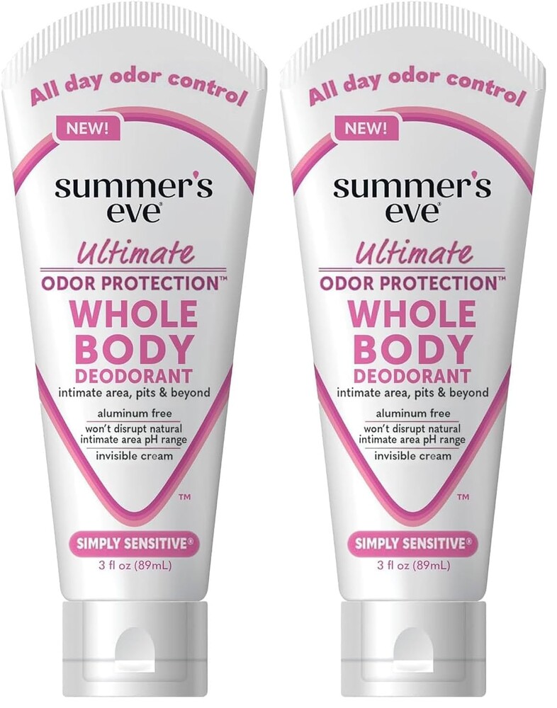 Summer's Eve Simply Sensitive Whole Body Deodorant for Women, Aluminum-Free Ultimate Odor Control Cream, 3 Oz (Pack of 2)