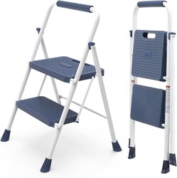 Sweetcrispy 2 Step Ladder, 800lbs Heavy-Duty Folding Step Stool | Lightweight Portable Stepping Stool with Wide Anti-Slip Pedal & Convenient Handrail, for Kitchen, Garage & Outdoor Use, Blue