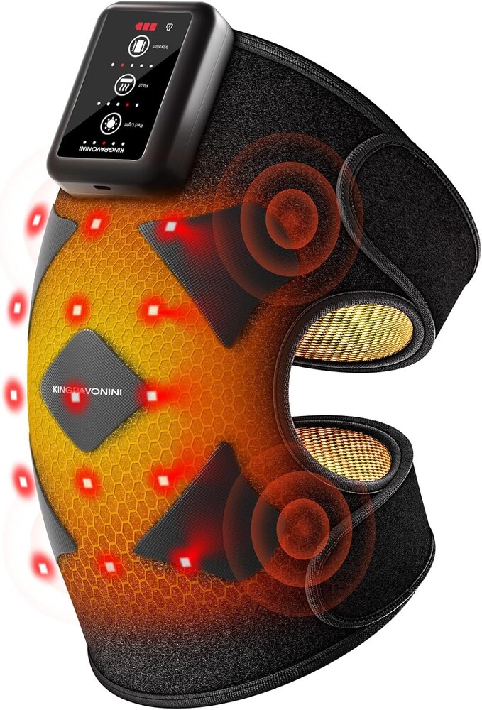 KingPavonini Knee Massager with Heat and Red Light Therapy, 4-Motor Vibration Knee Heating Pad, Cordless Heated Knee Brace with 5 Heat Levels & 5 Red Light Modes & 5 Massage Modes(1 Pack)