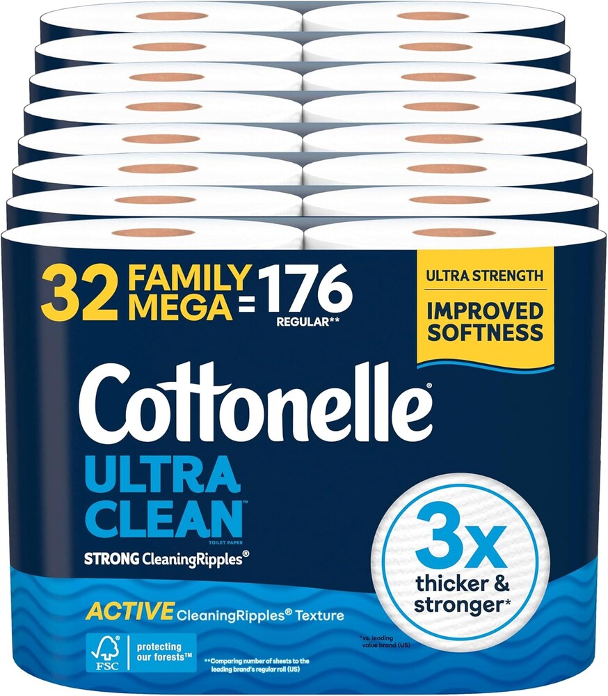 Cottonelle Ultra Clean Toilet Paper with Active CleaningRipples Texture, Strong Bath Tissue, 32 Family Mega Rolls = 176 Regular Rolls (8 Packs of 4)