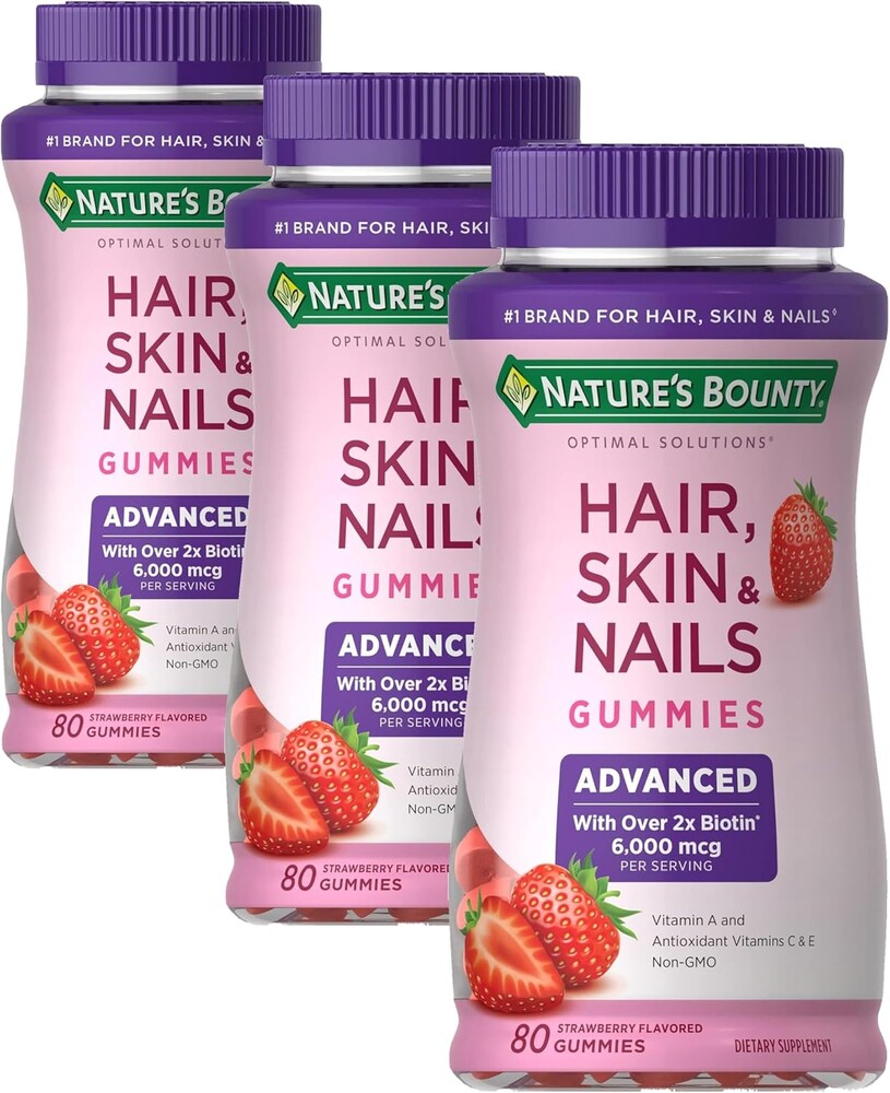 Nature's Bounty Optimal Solutions Advanced Hair, Skin, Nails, 2X Biotin, 80 Strawberry Gummies, 40 Servings, (Pack of 3)