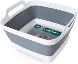 FOSJGO Collapsible Dish Basin with Drain Plug, 2.4 Gal (9L) Space-Saving Foldable Sink, Wash Basin for Kitchen, Baby Bottles, Vegetable Washing, Camping, RV and Party Beverage Tubs (gray)