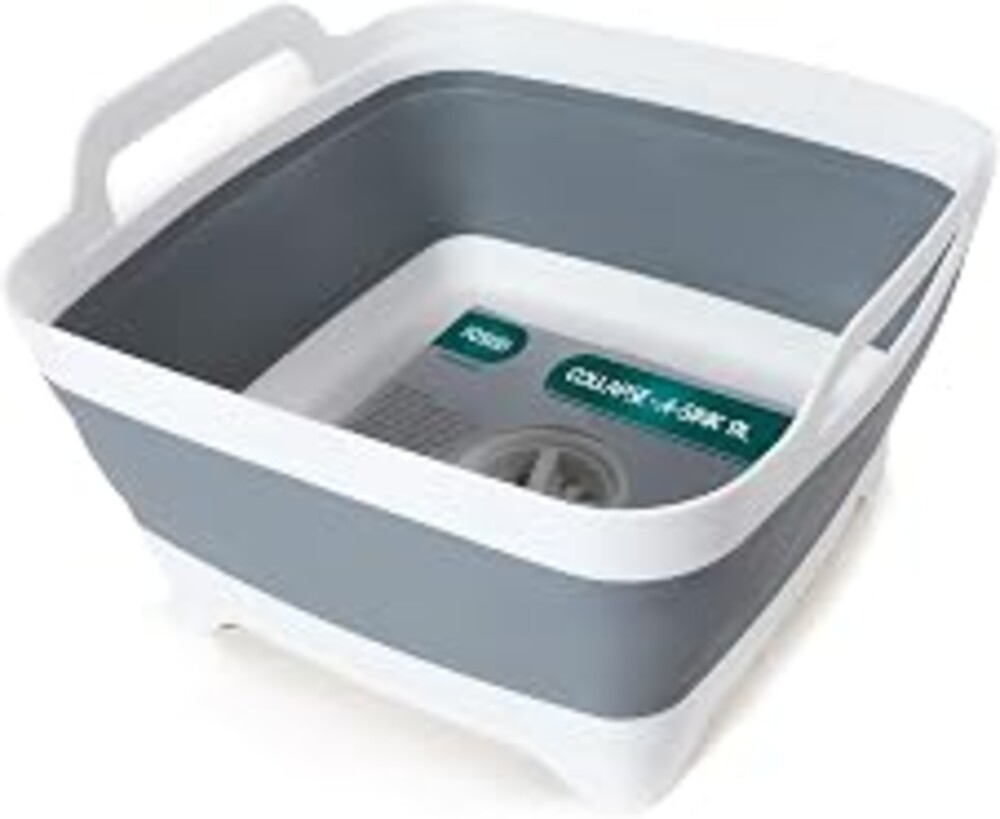 FOSJGO Collapsible Dish Basin with Drain Plug, 2.4 Gal (9L) Space-Saving Foldable Sink, Wash Basin for Kitchen, Baby Bottles, Vegetable Washing, Camping, RV and Party Beverage Tubs (gray)
