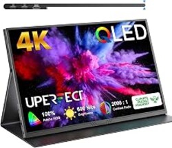 UPERFECT True 4K Portable Monitor QLED, 15.6” 600 Nits Laptop Monitor, 100% AdobeRGB, UHD 3840x2400 USB-C & MINI HDMI w/Smart Case, HDR FreeSync Eye Care, Travel Screen for Computer, PC, Game Consoles