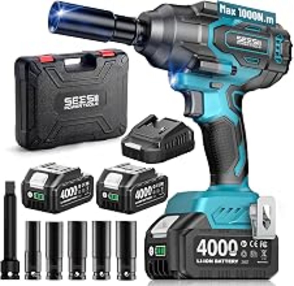 Seesii 1000N.m (738ft-lbs) Cordless Impact Wrench High Torque,1/2" Brushless Impact Gun w/Two 4.0Ah Battery,Fast Charger, 5 Sockets & Storage Case, Electric Impact Wrench for Car Truck,WH760