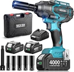 Seesii 1000N.m (738ft-lbs) Cordless Impact Wrench High Torque,1/2" Brushless Impact Gun w/Two 4.0Ah Battery,Fast Charger, 5 Sockets & Storage Case, Electric Impact Wrench for Car Truck,WH760