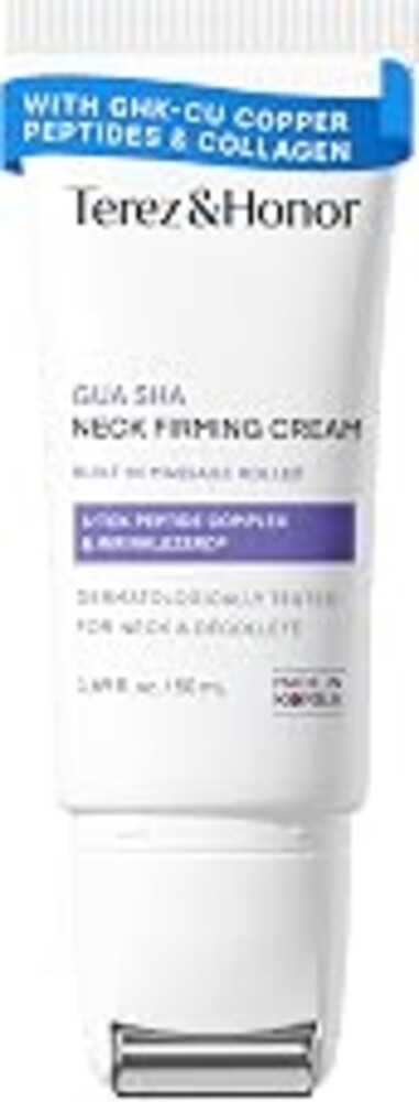 TEREZ & HONOR Gua Sha Neck Firming Cream: Korean Skin Care, Retinol, Collagen & GHK-CU Copper Peptide - Tightening & Lifting for Neck, Face & Décolleté with Built-In Massage Roller, 1.7 FL OZ