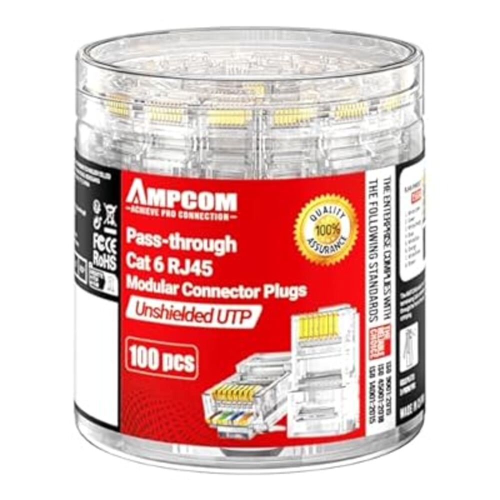 AMPCOM 100-Pack CAT6 Pass Through RJ45 Connector, Gold-Plated Ethernet Plugs for Solid/Stranded 23-26AWG UTP Ethernet Cables