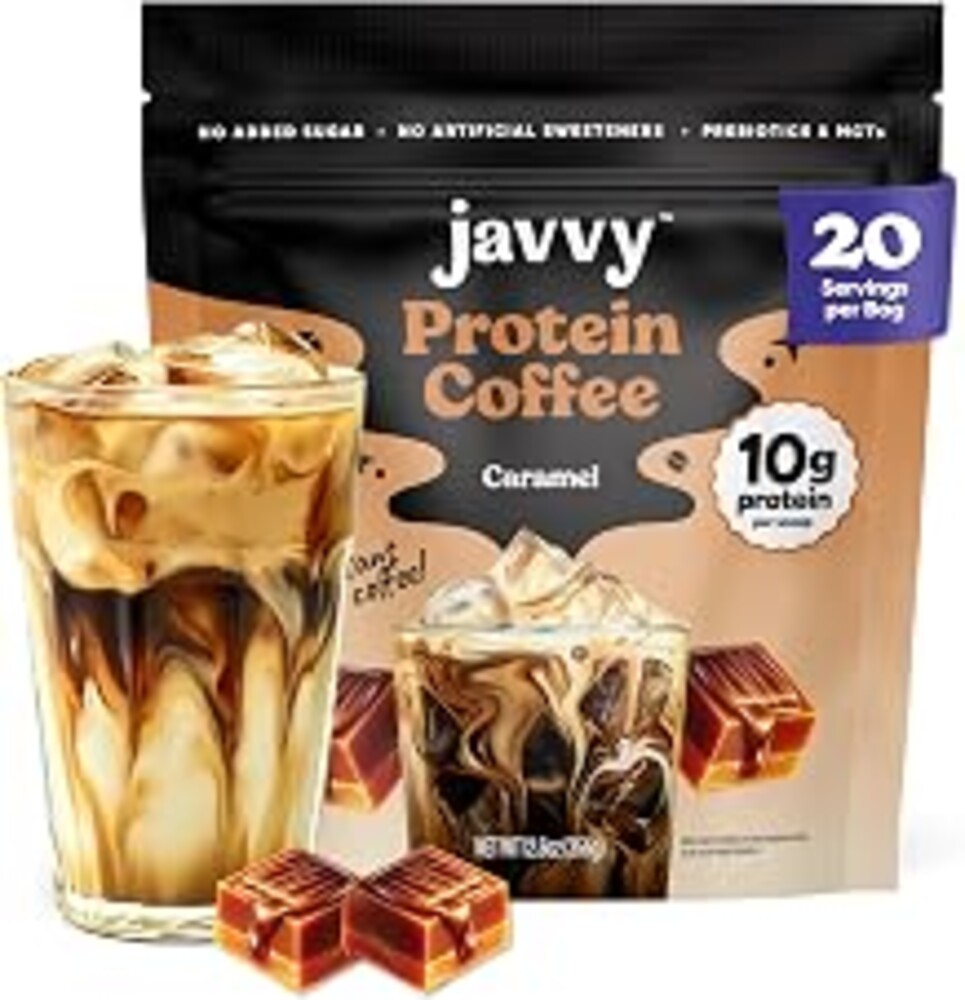 Javvy Protein Iced Coffee - Premium Whey Protein & Iced Coffees, 100% Natural Cold Brew, Zero Artificial Flavors & Sweeteners, 80mg Caffeine, No Added Sugar, 20 Servings, Caramel, 1 Pack