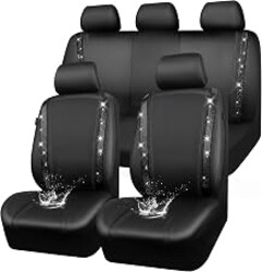 CAR PASS Leather Bling Diamond Car Seat Covers Full Set, Shining Rhinestone Waterproof Durable Rear with Zipper, Universal Fit Automotive Glitter Crystal Sparkle Strip for Cute Women Girly Black