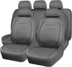 CAR PASS Piping Faux Leather Car Seat Cover Full Set,Grey Breathable Leather Seat Covers for Cars, Airbag Compatible,Universal Fit for SUVs,Van,Sedans,Small Trucks (Full Set, All Gray)