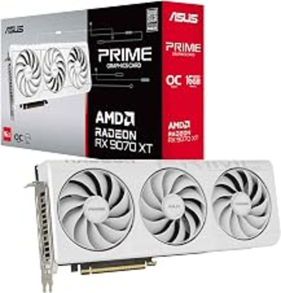 ASUS Prime AMD Radeon™ RX 9070 XT 16GB GDDR6 White OC Edition Graphics Card, AMD (PCIe 5.0, HDMI/DP 2.1, 2.5-Slot Design, Axial-tech Fans, Ball Bearings, Dual BIOS, GPU Guard), 3 Year Warranty