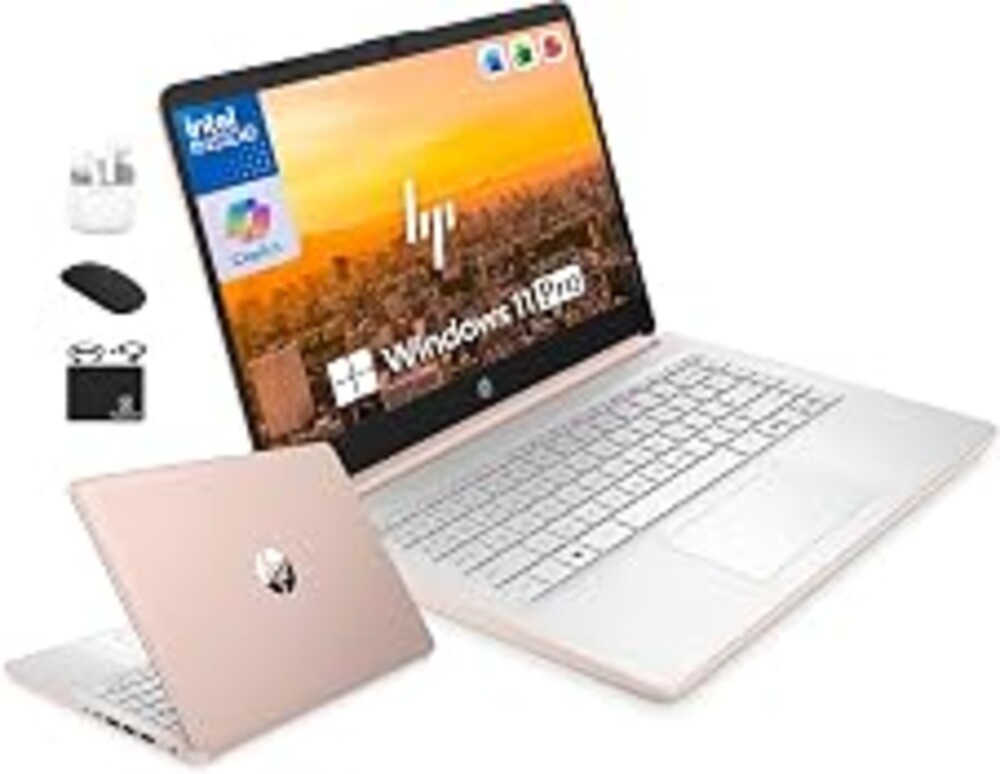 HP 14" Laptop Computer for 2026 Student Business Productivity, MS Office & Win 11 Pro, Copilot AI, Intel 4-Core CPU, 4GB DDR5 RAM, 628GB Storage (128GB UFS+500GB Ext), Wi-Fi 6, HubxcelAddon, Rose Gold