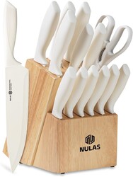 15-Piece Kitchen Knife Block Set with Built-in Sharpener, Upgraded Non-Stick Coating Blades, Ergonomic Handles, Dishwasher Safe, Cream