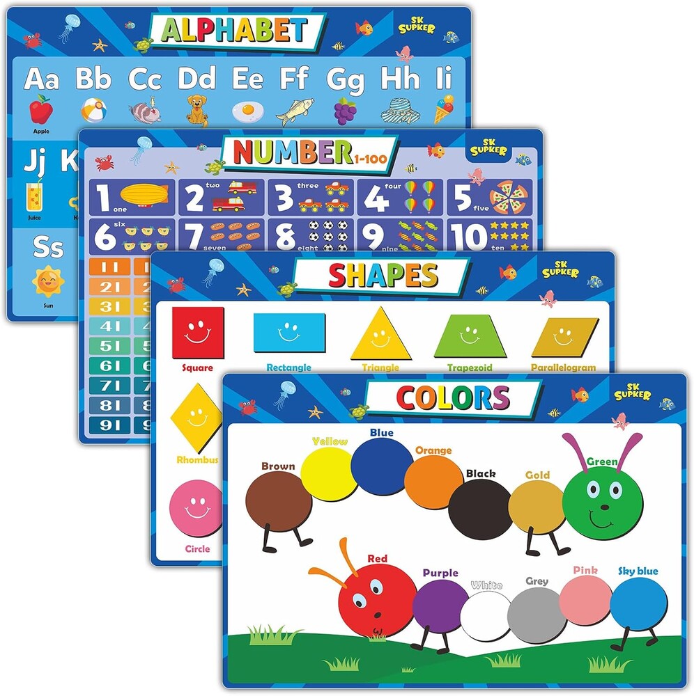 SK SUPKER 4Pack ABC Alphabet Chart + Numbers 1-100 + Shapes + Colors Poster Set, Alphabet Learning Posters-Classroom Wall Decor Art (17 x 11inch)