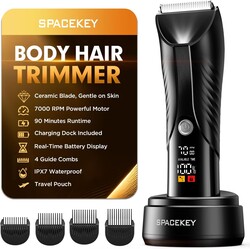 Spacekey Electric Body Hair Trimmer - IPX7 Waterproof Ball Trimmer for Men with LED Light, Wet/Dry Groomer, USB-C Rechargeable, Travel Bag Included - Men's Pubic, Groin and Body Shave