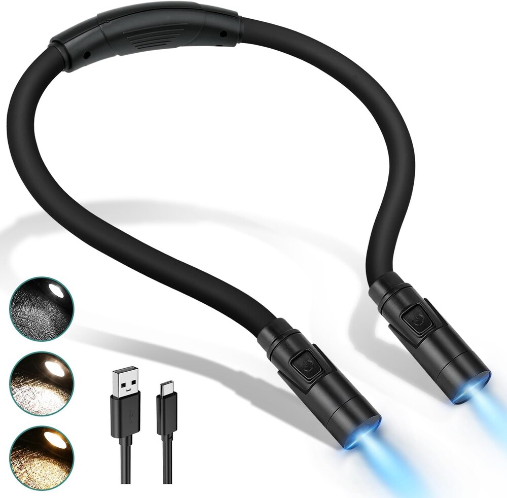 LUXJET Rechargeable Neck Light for Knitting & Crochet - Book Lights for Reading in Bed – 3 Color Modes, Dimmable, Eye-Care LED, Hands-Free Neck Light for Repairs