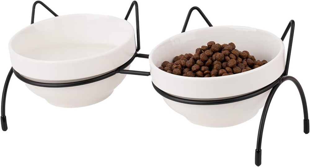 2PCS Ceramic Cat Bowl Raised Bowls for Indoor Cats, Elevated Double Bowls for Food and Water, Puppy Dishes with Metal Stand, Stress Free Anti Vomite Cat and Small Dog Eating Station