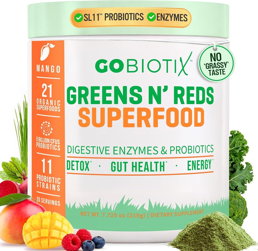 GOBIOTIX Super Greens Powder with Beet Root, Spirulina, Moringa & Chlorella – Probiotics, Enzymes & 21 Superfoods – Zero Sugar, Vegan, Non-GMO – 30 Servings (Mango)