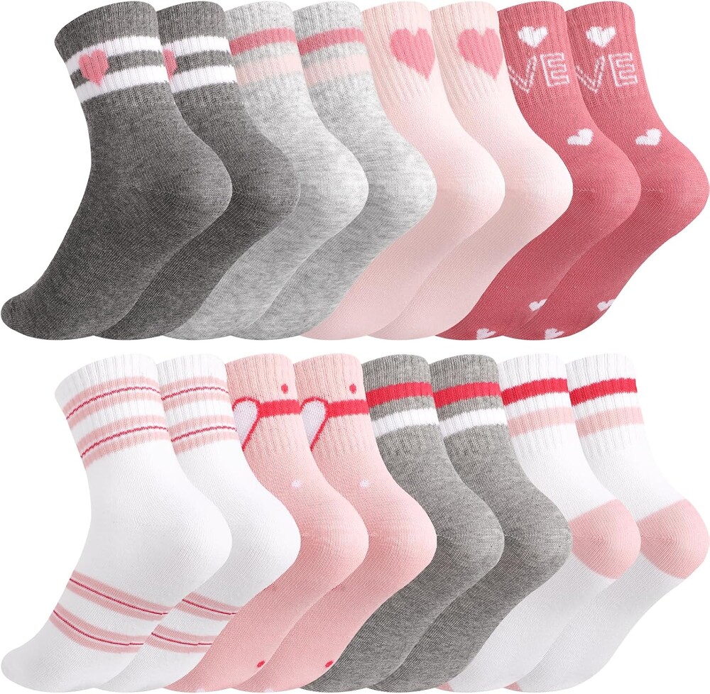 Girls Crew Socks, 8 Pairs Heart Striped Mid Calf Socks, Soft Breathable Cotton School Athletic Casual Wear