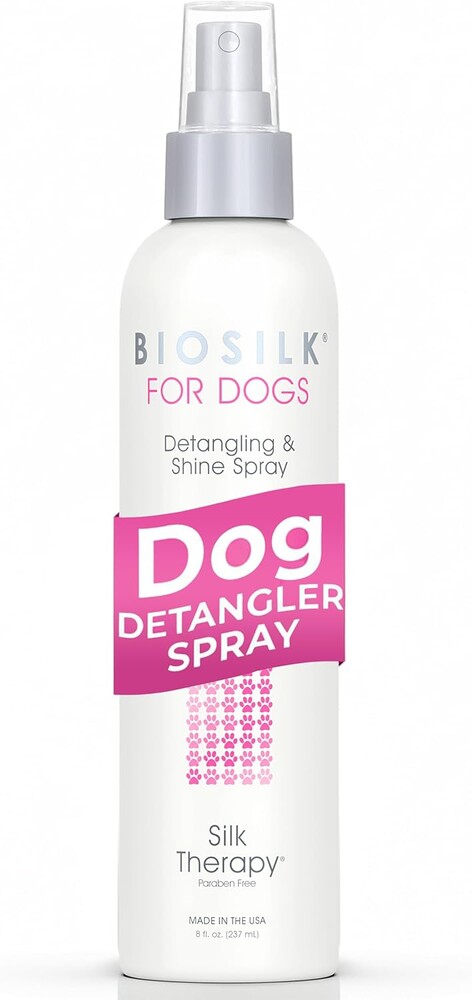 BioSilk for Dogs Silk Therapy Detangling and Shine Protecting Spray, pH Balanced Leave-In Mist with Silk and Vitamins for Dematting, Paraben-Free, All Coats and Breeds, 8 Fl Oz