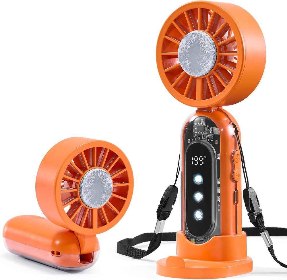 Portable Handheld Fan, Personal Mini Fan Ice Cooling, Hand Held Fan 1-199 Speeds, Rechargeable Turbo Fan Up to 19H, Makeup Fan with Flashlight & Phone Holder, Ideal for Outdoor & Travel (Orange)