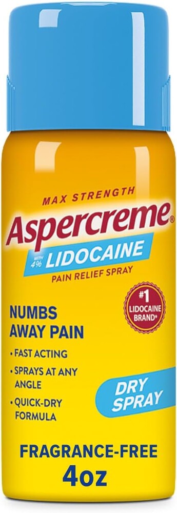 Aspercreme Lidocaine Dry Spray Soothes Aggravated Nerves, Numbing Topical Pain Relief Spray with Max-Strength 4% Lidocaine Sprays at Any Angle, 4 Oz.