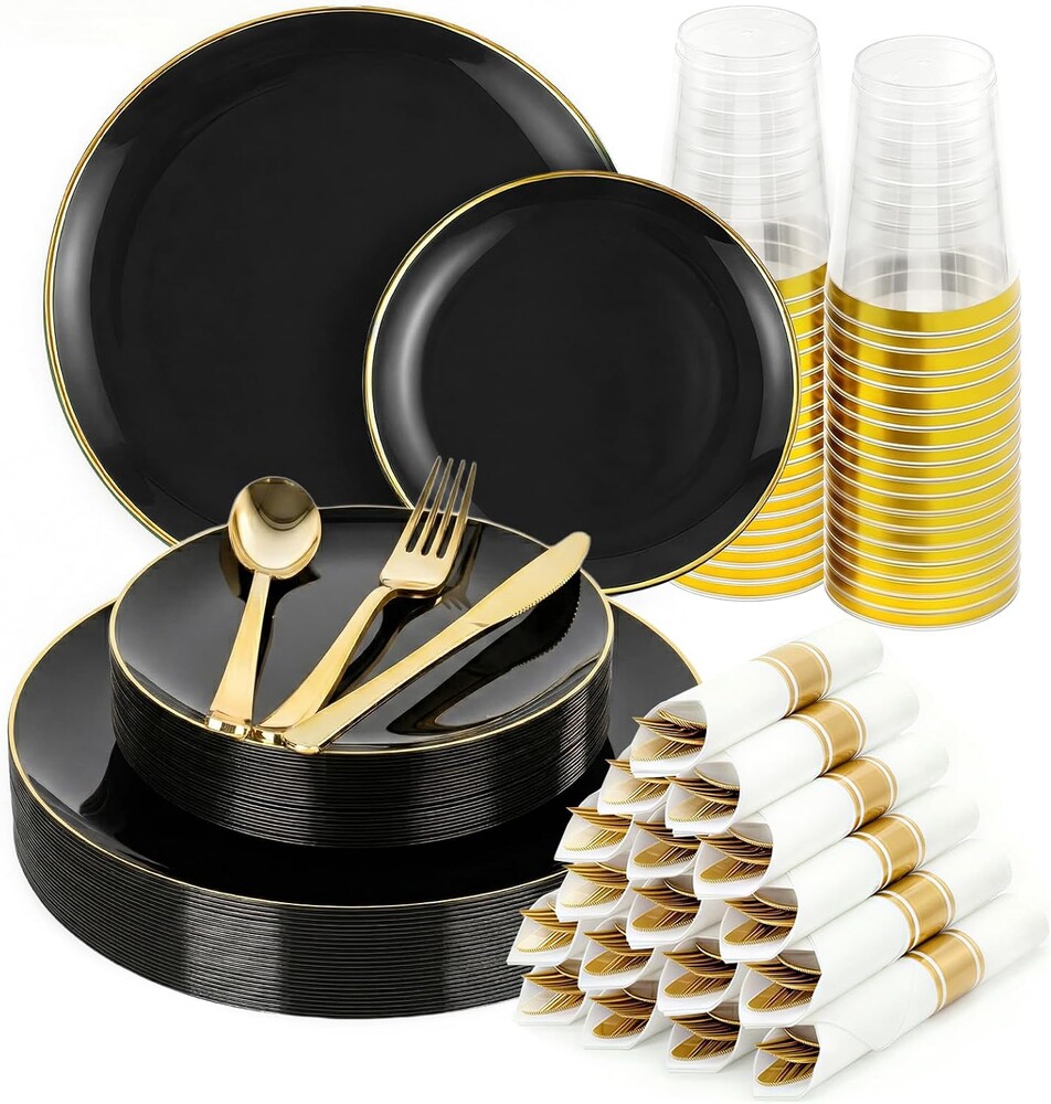 175pcs Plastic Dinnerware Set,Black and Gold Plastic Plates for 25 Guests Include 50 Elegant Plastic Plates,75 Plastic Silverware Set,25 Cups and 25 Pre Rolled Napkins for Graduation Season