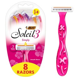 BIC Soleil 3 Simply Women's Disposable 3-Blade Razors, Aloe Vera Moisture Strip, College Dorm Room Essential, Shower Caddy and Toiletry Bag Ready, 8-Pack