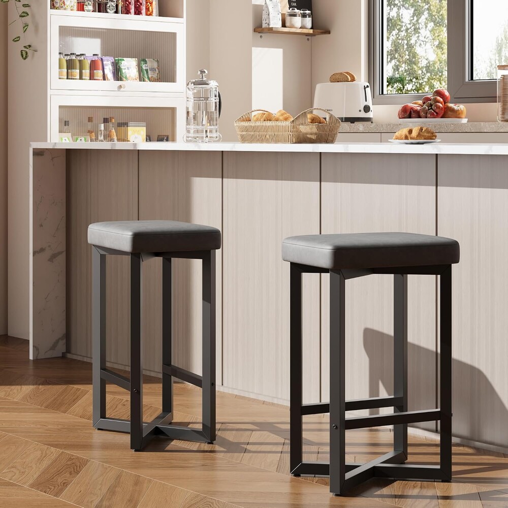 IDEALHOUSE Bar Stools Set of 2, 24.6" Counter Height Backless Barstools, Upholstered PU Leather Seats with Metal X-Frame & Footrest, Modern Kitchen Stools for Home Bar, Dining Room, Gray