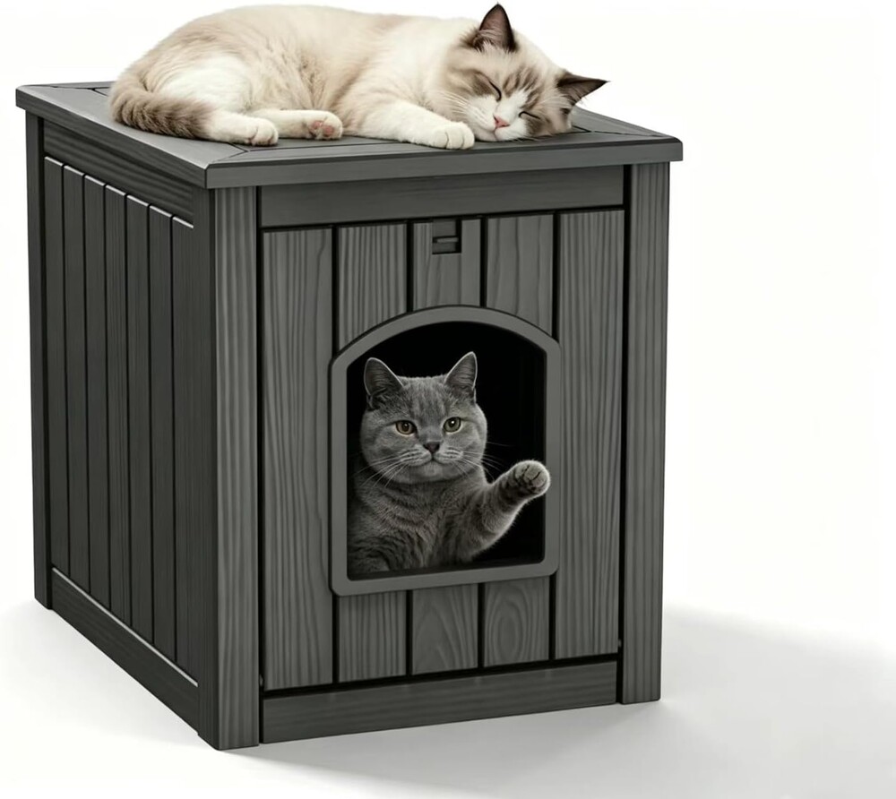 KAMABOKO Weatherproof Outdoor Cat House Resin Cat Shelter for Indoor/Outdoor Cats, Spacious Feral Cat Home with Easy Assembly, Stylish Design for Garden, Patio & Backyard，Black