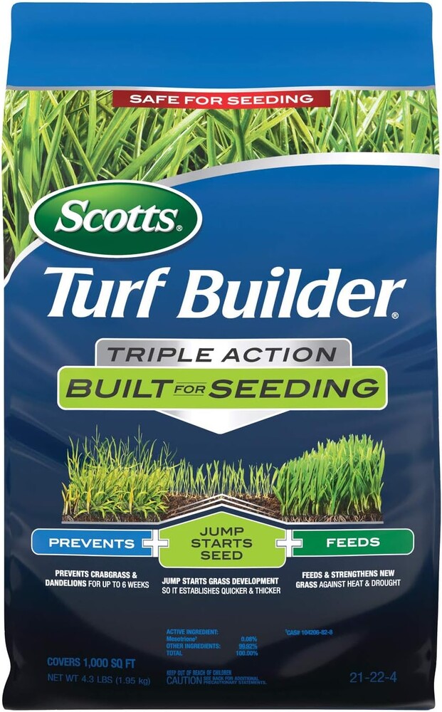 Scotts Turf Builder Triple Action Built for Seeding, 4.3 lbs. | Weed Preventer and Fertilizer for New Lawns, Covers 1,000 sq. ft.