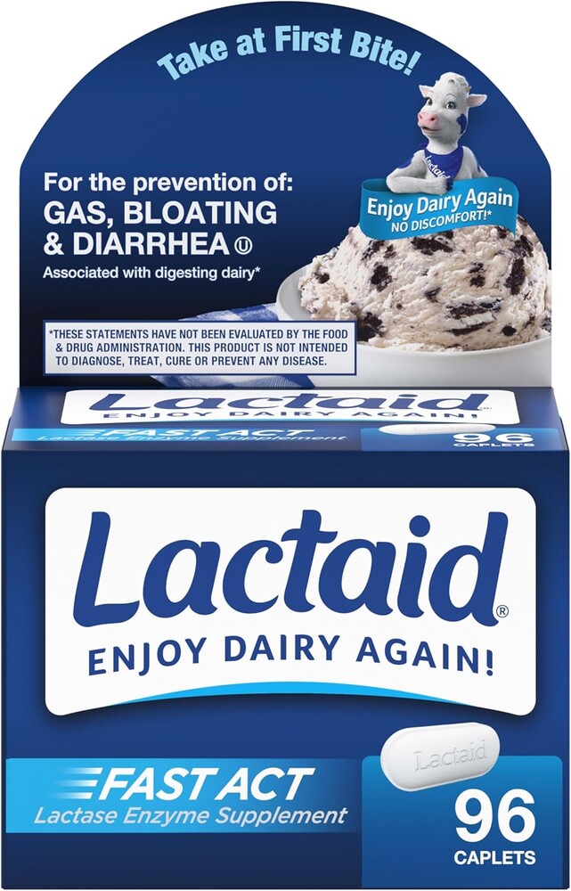 Lactaid Fast Act Caplets for Lactose Intolerance, Caplets that Help Prevent Against Gas, Bloating, and Diarrhea, Lactase Enzyme Supplements, 96 Ct
