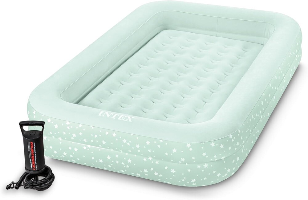Intex Kids Travel Air Mattress Inflatable Bed with Raised Sides and Hand Pump - Portable Blow-Up Toddler Traveler Bed for Children's Naps or Sleep