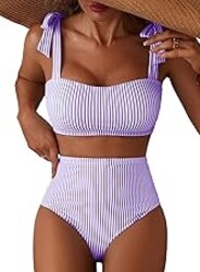 Herseas Women's Tie Shoulder Bikini Sets 2 Piece Striped Swimsuits High Waisted Bathing Suits