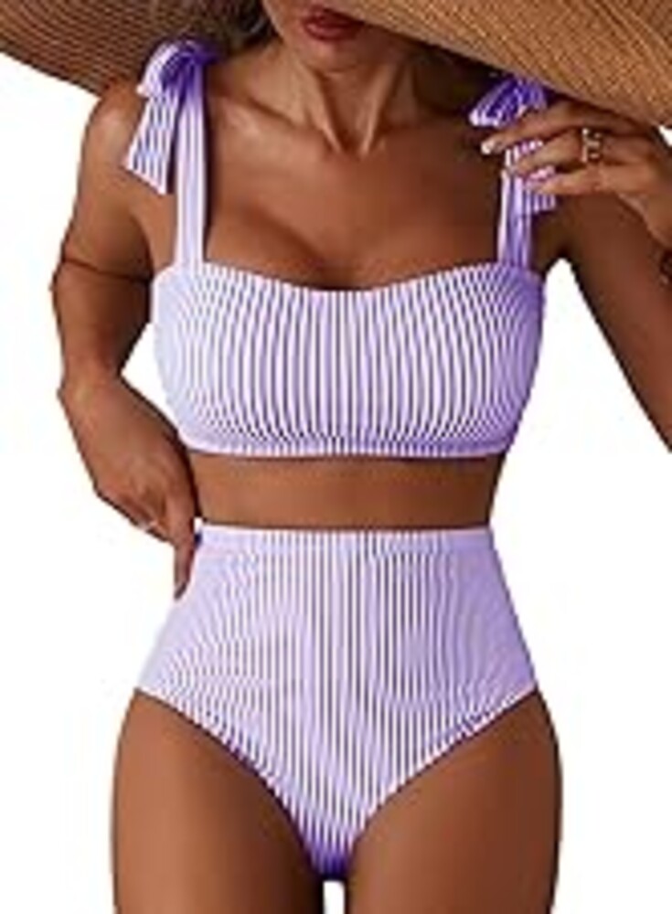 Herseas Women's Tie Shoulder Bikini Sets 2 Piece Striped Swimsuits High Waisted Bathing Suits