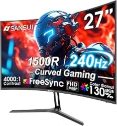 SANSUI 27 Inch Curved 240Hz Gaming Monitor FHD 1080P, 1500R Curve Computer Monitor, 130% sRGB, 4000:1 Contrast, HDR, FreeSync, MPRT 1Ms, Low Blue Light, HDMI DP Ports, Metal Stand, Cable Incl.