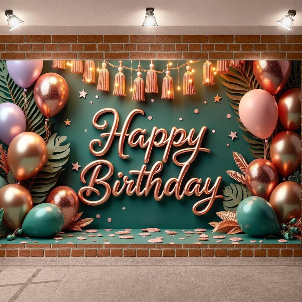 Rose Gold Birthday Party Decorations Banner for Women Girls Tropical Leaves and Balloons Hanging Background for Baby Shower Bday Party Supplies Summer Celebration Decor Happy Birthday Sign