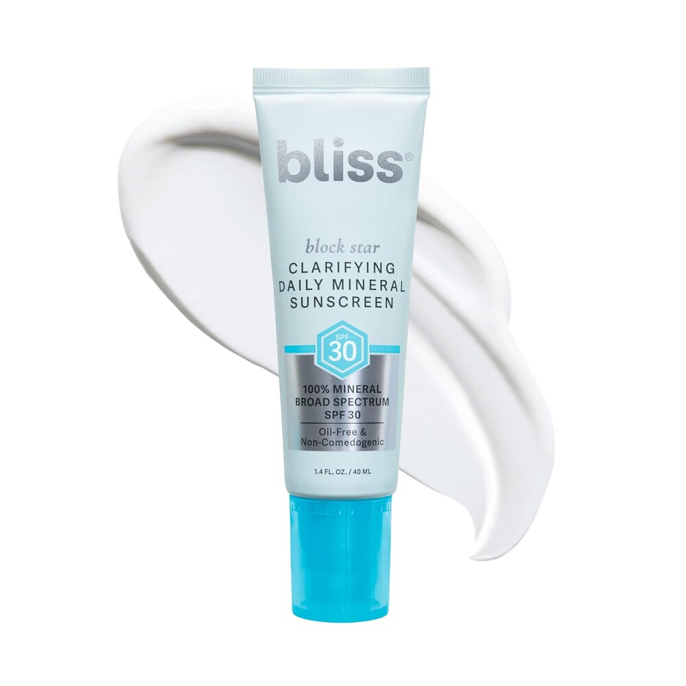Bliss Block Star Clarifying Daily Mineral Sunscreen Broad Spectrum SPF 30, Blendable Pore Safe Formula for Blemish Prone Skin with Salicylic Acid and Witch Hazel, 1.4 Fl Oz