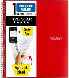 Five Star Spiral Notebook Plus Study App, 1 Subject, College Ruled Paper, 100 Sheets, 8-1/2" x 11", Fire Red (72053)