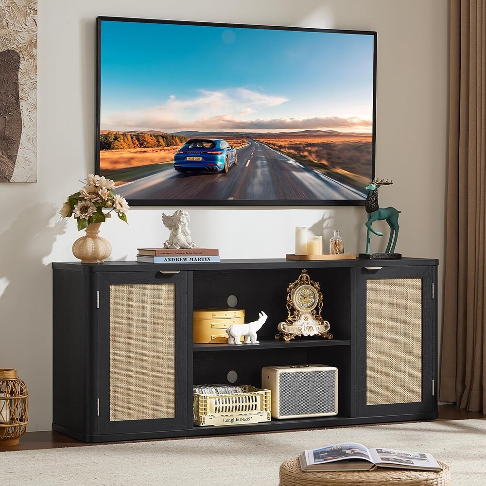 LEYAOYAO Rattan TV Stands for Living Room, Boho Entertainment Center with Storage and Open Shelf, Wood Media Console for 50-65 Inch TV, Black